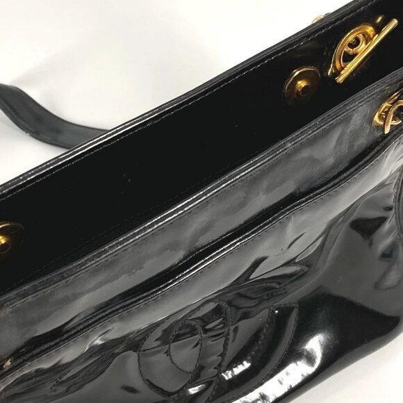 CHANEL A08036 CC CC Mark logo Tote Bag Chain Shoulder Bag enamel Black/Gold - Picture 15 of 16